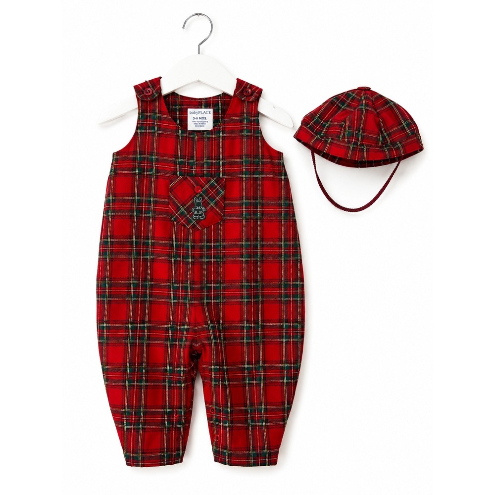 BabyPlace Romper & Hat Set 3-6 Months Red Plaid Tartan Christmas Holiday Outfit